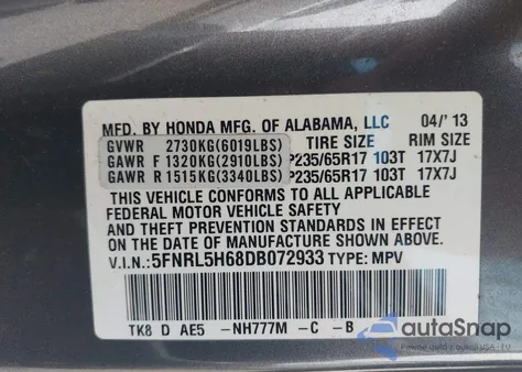 2013 Honda Odyssey Ex-L from USA, damaged, VIN 5FNRL5H68DB072933